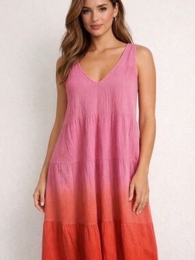 COASTAL GRANDMOTHER Marine Layer Pink Orange Ombre Cotton Gauze Tiered Maxi XS
